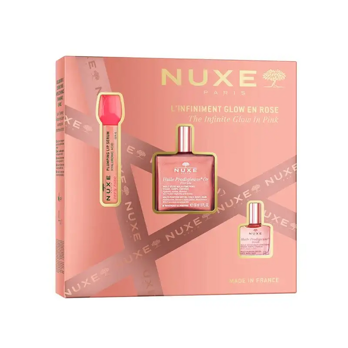 NUXE L'INFINIMENT GLOW EN ROSE COFFRET HUILE PRODIGIEUSE OR FLORALE 50ML + HUILE PRODIGIEUSE FLORALE 10ML + SERUM LEVRES REPULPANT VERY ROSE 8ML